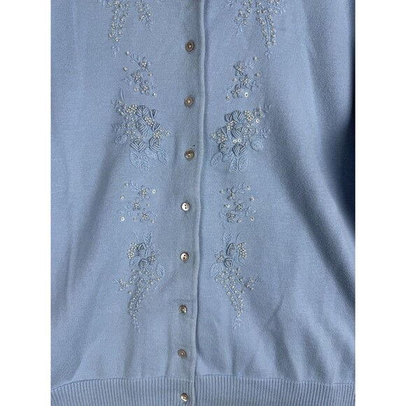 Land's End Blue Cardigan Button Up XL Grandmacore Pearl Embellished Embroidered - Picture 3 of 7